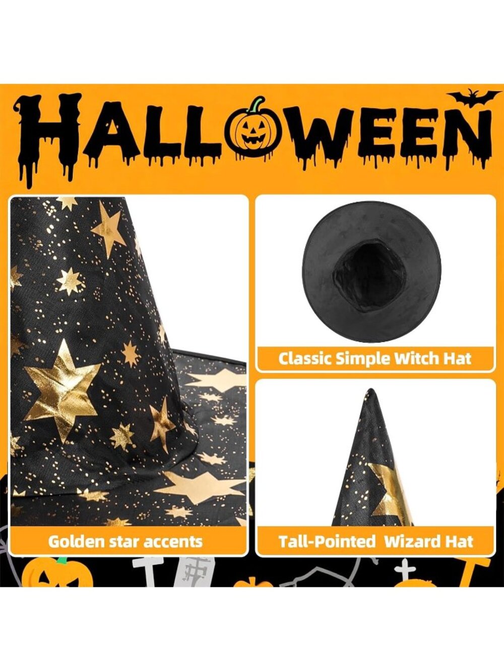 Halloween Mixed Colors 4pcs Witch Hat Mystical Star Print Hats for Decoration - Picture 4 of 7